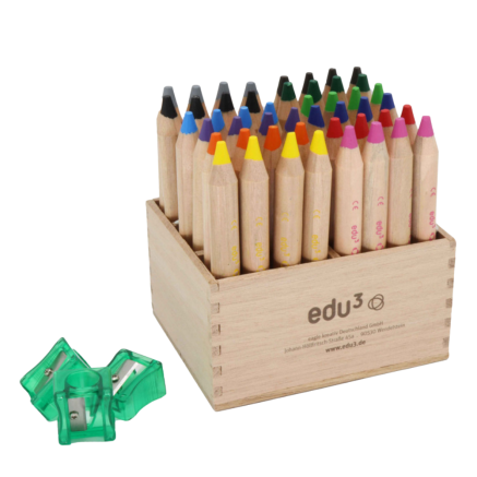 Edu3 First Buntstifte– 48er Holzaufsteller, 12 sortierte Farben (inkl. Spitzer)