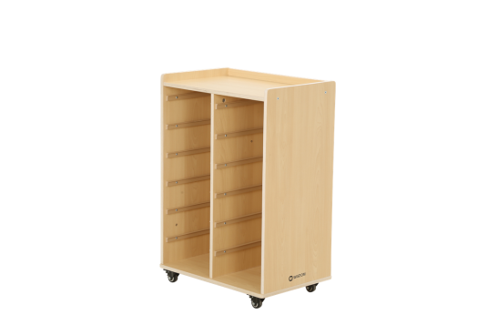 Mobiles Regal mit 2 Reihen, 6 kleine und 3 große Boxen