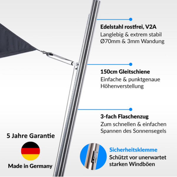 Sonnensegelmast Edelstahl, höhenverstellbar