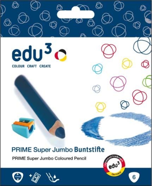 Prime Super Jumbo Buntstifte – 6er-Etui, 6 sortierte Farben (inkl. Spitzer)