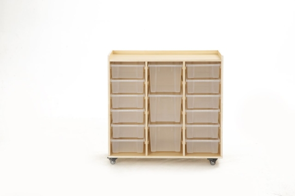 Mobiles Regal mit 3 Reihen, 12 kleine und 3 große Boxen