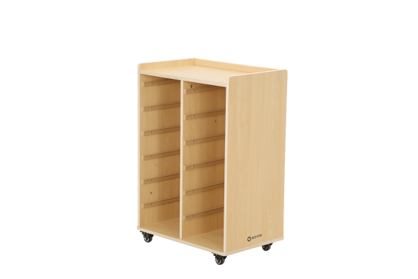 Mobiles Regal mit 2 Reihen, 6 kleine und 3 große Boxen